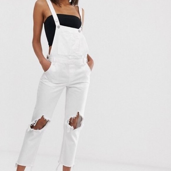Blank NYC Long Overalls White Distressed Denim 26